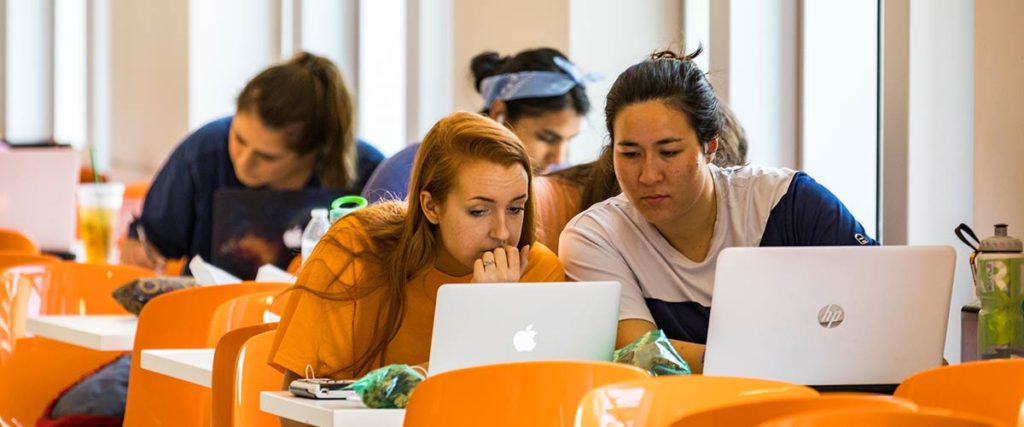 Students working on school work in the Student Union building