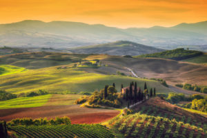 Tuscan countryside at sunset