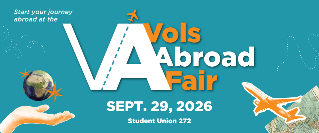 A logo for the VolsAbroad Fair on a teal background. Text reads Sept. 29, 2026 Student Union 272 and Start your study abroad journey at the VolsAbroad Fair